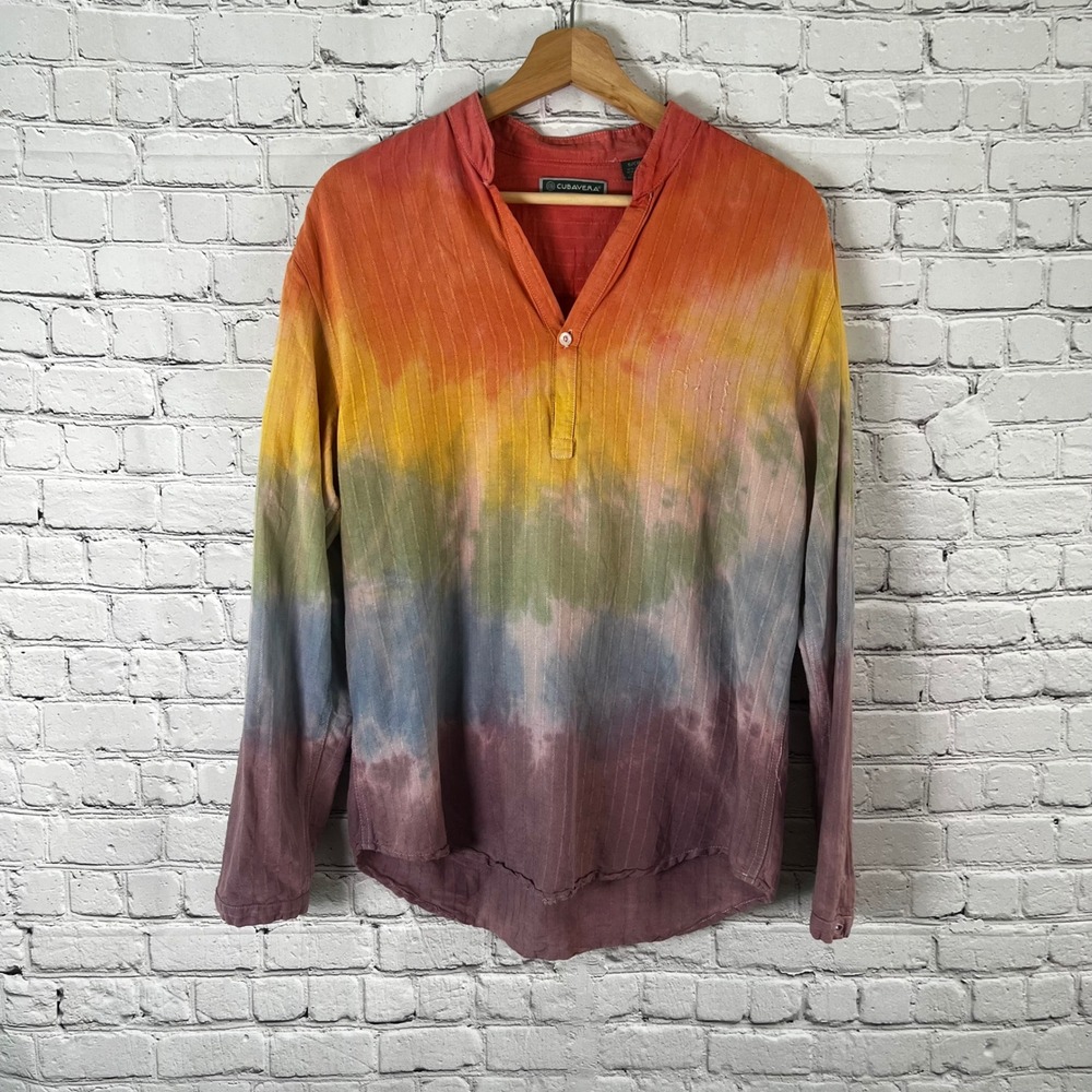 Cubavera Linen Blend Tie Dye Shirt Long Sleeve Size Small Boho Hippie Festival